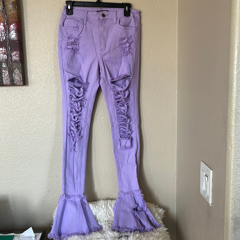 FashionNova Purple Distressed Hole Bell Bottoms Jeans 98% Cotton sz 7